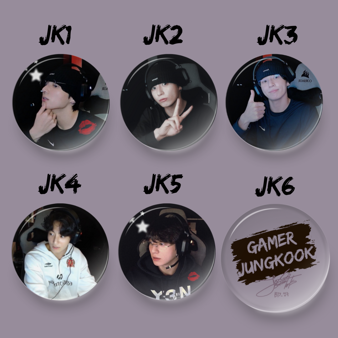 Six circular profile pictures with names 6 JUNGKOOK 1 to JUNGKOOK 6 on a light purple background, featuring a person in various poses.