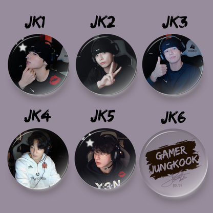 Six circular profile pictures with names 6 JUNGKOOK 1 to JUNGKOOK 6 on a light purple background, featuring a person in various poses.