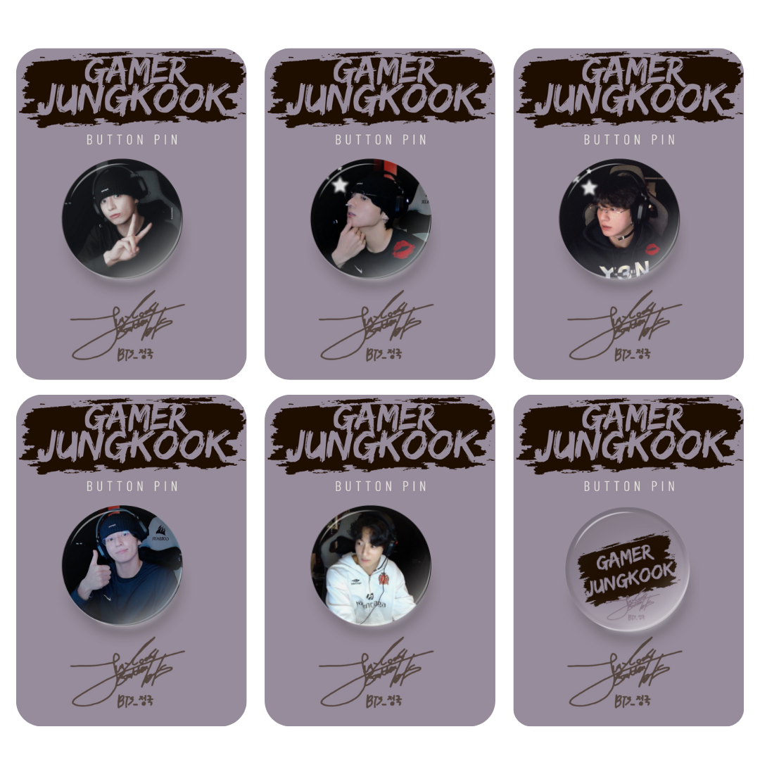 Six button pins with 'Gamer Jungkook' on purple cards with a signature.