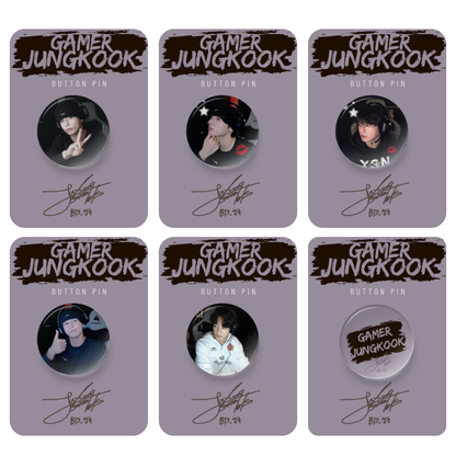 Six button pins with 'Gamer Jungkook' on purple cards with a signature.