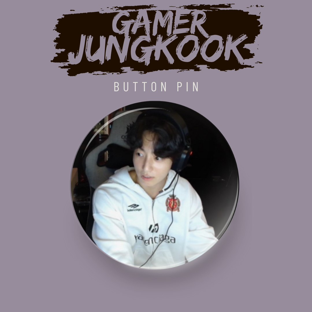 Tsuvishop Button pin with a person wearing headphones and a white hoodie on a purple background, featuring the text 'Gamer Jungkook'.