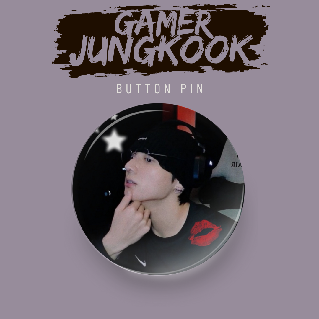 Tsuvishop Button pin with a circular design featuring a person and text 'Gamer BTS Jungkook' on a purple background.