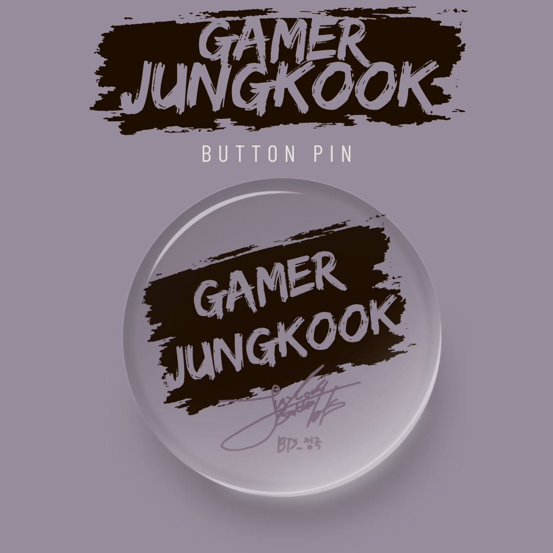 Button pin with 'Gamer bts Jungkook' text on a purple background